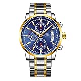 KASHIDUN Men's Watches Sports Military Quartz Wristwatches Waterproof Chronograph Stainless Steel Case Leather Strap Blue Color