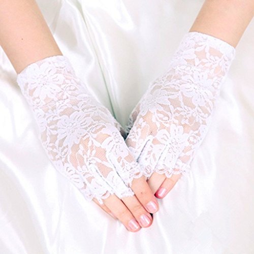 DreamHigh Women Wrist Length Lace Half Finger Gloves (White)