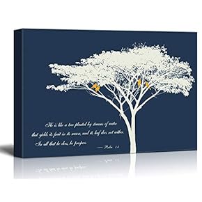 Canvas Wall Art - Abstract Tree and Birds on its Branches with Bible Quotes from Psalm 1:3 - Giclee Print Gallery Wrap Modern Home Art Ready to Hang - 12x18 inches