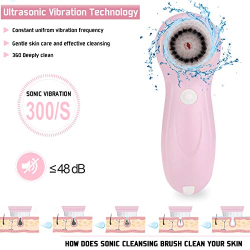 Gackoko Facial Cleansing Brush- Latest advanced cleasing Technology & 3 Brush Heads-USB Rechargeable Electric Rotating Face- IPX7 Waterproof-Advanced Face Spa System for Exfoliating Deep clease (Pink)