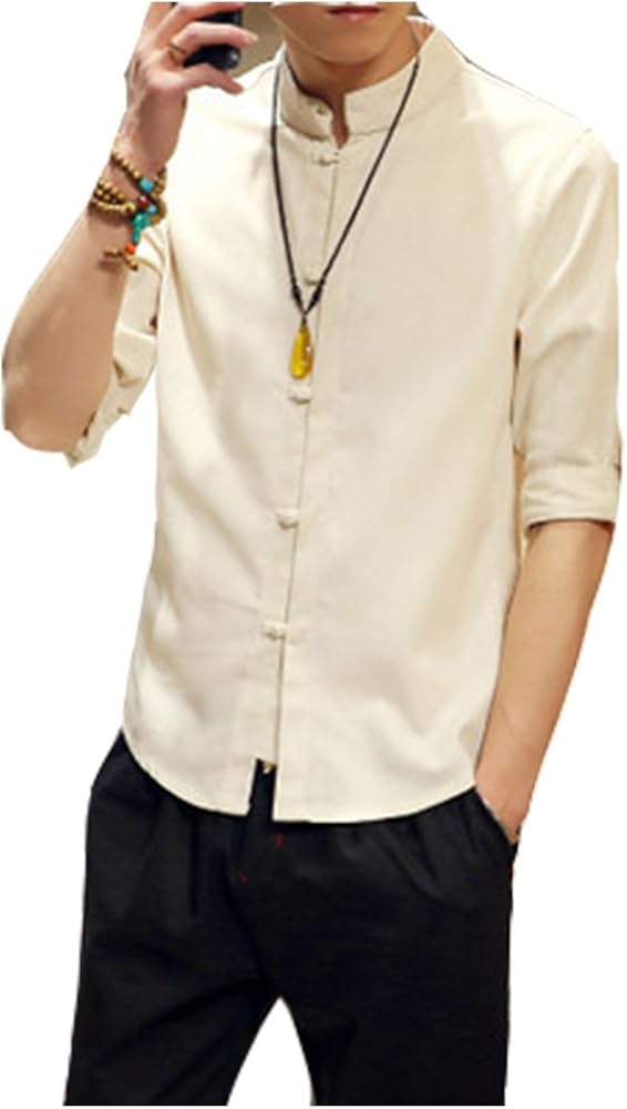 夏服 メンズ 無地 リネン シャツ 夏 青春 おしゃれ スタンドカラー 麻綿 薄い活力 シンプル カジュア ハンサム 純色 通勤 通学 米白 XL