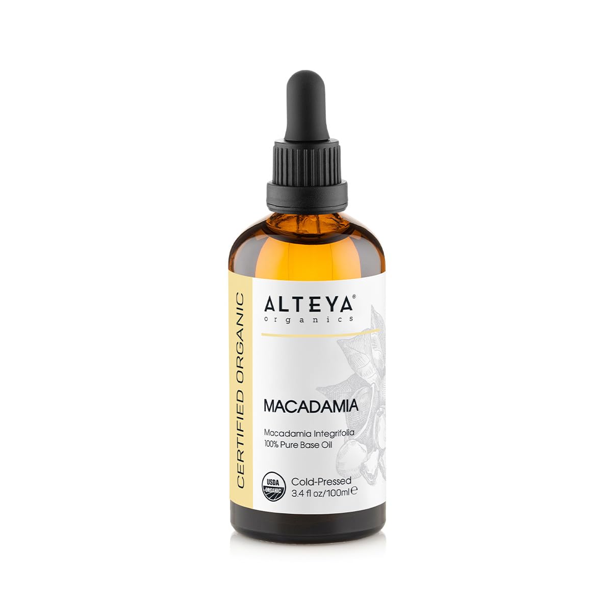 Alteya Organic Macadamia Oil 100ml - 100% USDA Certified Organic Pure Natural Cold Pressed Macadamia Carrier Oil - Moisturising, Nourishing, Premium Therapeutic Grade Skin Treatment