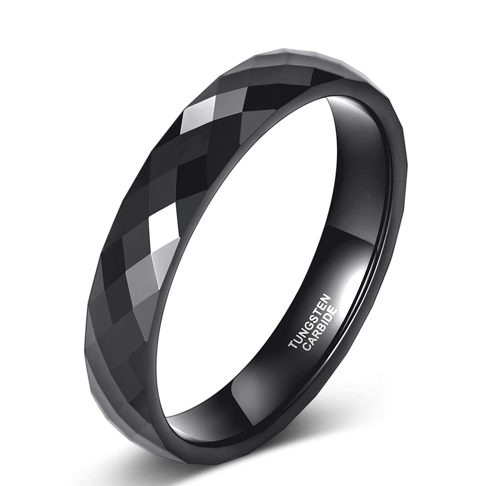 Zakk 4MM Tungsten Carbide Engagement Rings Faceted Dome Polished Rose Gold/Black/Gold/Silver Wedding Band for Women Men (Black,Size P 1/2)