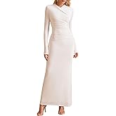 KUTUMAI Long Sleeve Formal Wedding Guest Dresses for Women Fall Modest V Neck Bodycon Maxi Cocktail Party Dress