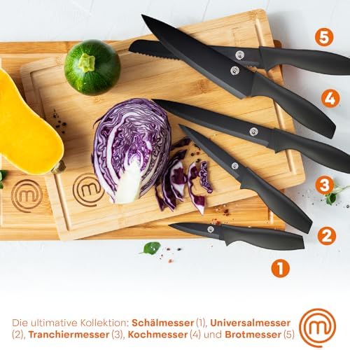 Messerblock mit Messer, Messerset mit Block, Scharfe Messer Set mit Küchenmesser, Kochmesser, Brotmesser, Schälmesser & Allzweckmesser, Edelstahlklingen, Softgriff, 6-teilig, Schwarz