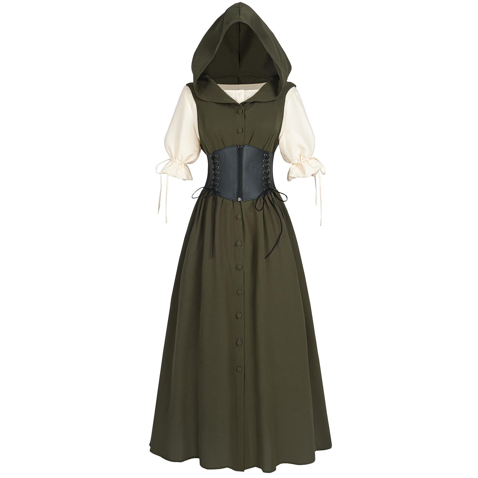 Photo 1 of *** SHIRT AND CORSET ONLY ***
FCCAM Green Renaissance Costume Women Short Sleeves Ren Faire Dress Hooded Corset Dress S
