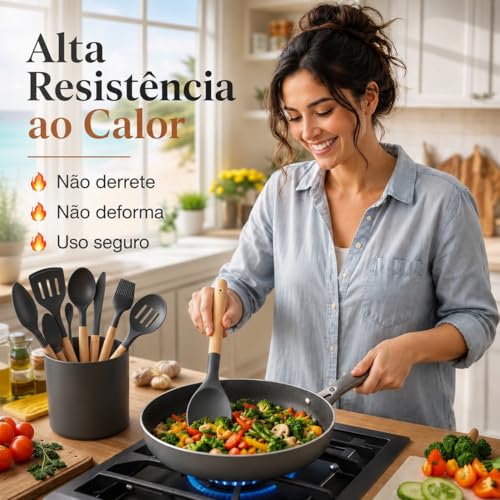 Kit Utensílios Cozinha Silicone 12 Peças com Suporte – Cabo Madeira Premium, Não Risca, Resistente ao Calor