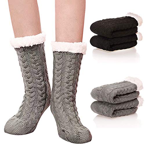 Jinjin Men's and Women's Knitted Plush Socks Super Soft and Warm Comfortable Plush Fleece Lining Winter Christmas Gifts Warm Warm Fluffy Cozy Home Socks (Gray) - Thumbnail 4