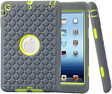 iPad Mini Cases, ROKE Rugged Dual Layer Case for iPad Mini 1/2/3 with Studded Rhinestone, Drop Proof, Dust Proof Design (B-Green-Grey)
