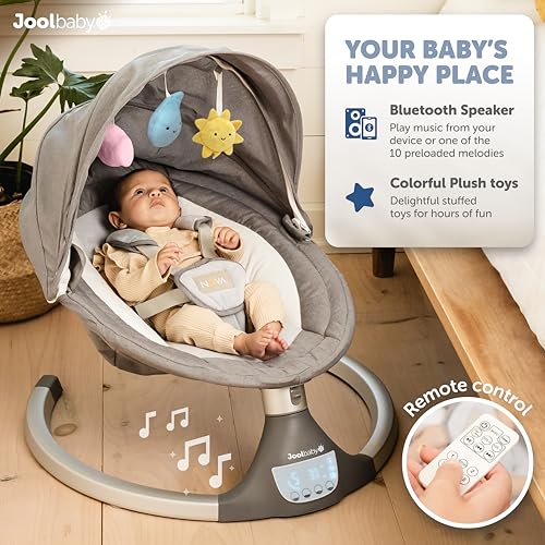 Jool Baby Nova Swing for Newborns - Electric Motorized Infant Swing, Bluetooth Music, 10 Preset Melodies, Remote (Updated Model, Gray)