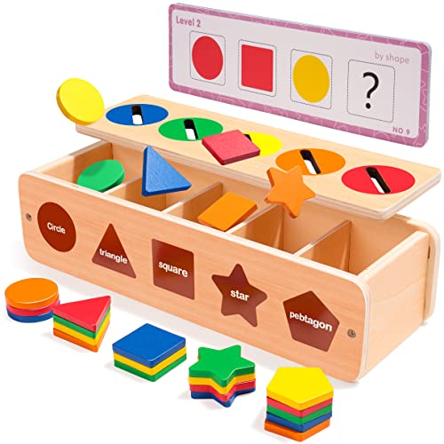 Wooden Shape & Color Sorting Toy with Storage Box, 25 NonToxic