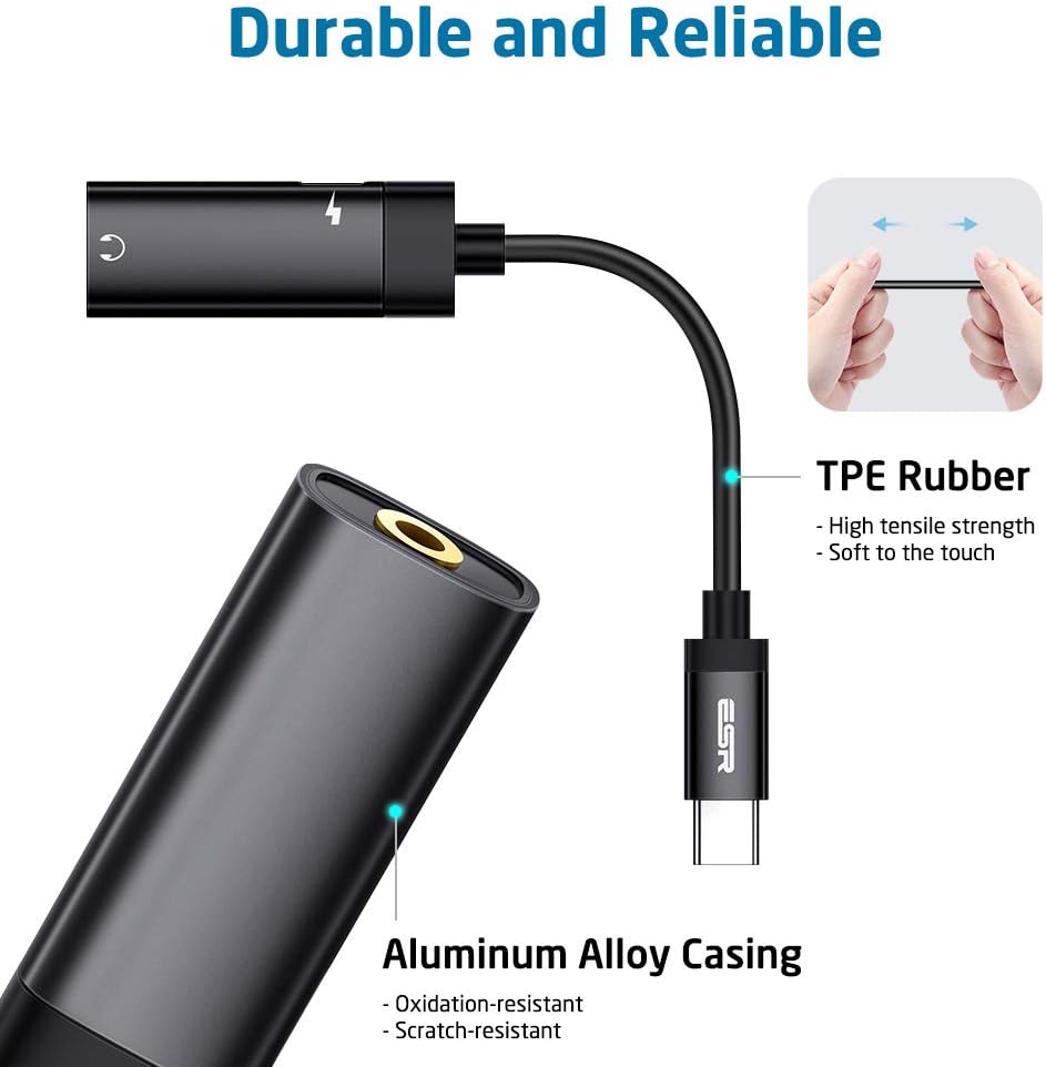 ESR 2-in-1 USB-C PD Headphone Jack Adapter, Type-C to 3.5mm Audio Adapter, for Aux, Stereo, Earphones, Headset, Headphones, Compatible with Galaxy S20/S10/Note10, Pixel 3/4, iPad Pro 2018, Black: Electronics