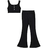 Milumia Girl's 2 Piece Outfit Button Down Ribbed Knit Crop Tank Top and Bell Bottoms Set