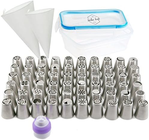 Russian Piping Tips 64 pcs Set - Includes 60 Unique Cake Icing Tips, 2 FREE Premium Canvas Piping Bags, and 2 Piping Coupler - COMPLETE Frosting Nozzle Set for Pastry Cakes Fondant Cupcakes DIY Baking