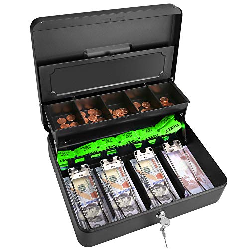 WOT I Cash Box with Money Tray, Steel Money Box with Key Lock, 11.8"L x