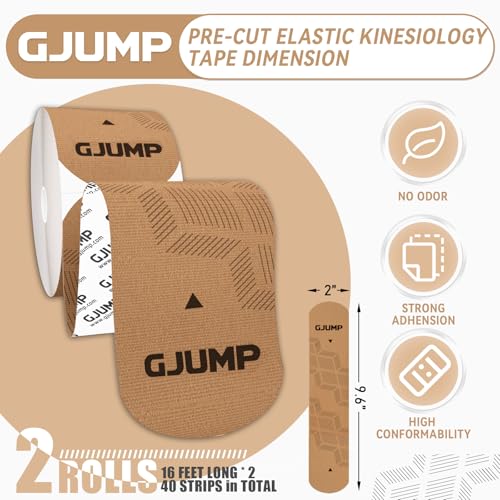 GJUMP Kinesiology Tape, 40 Count Precut Strips 2 Rolls Original Cotton Tape | Elastic Athletic Tape for Muscle Strain Relief & Joint Support, Latex Free Kinetic Tape, Waterproof & Breathable Sports Tape