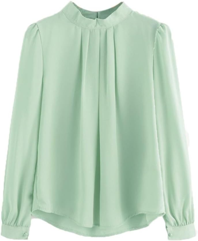 Lowprofile Women's Casual Half High Neck Lantern Sleeve Blouse Chiffon Long Sleeve Tunic Shirt Pleated T-Shirt