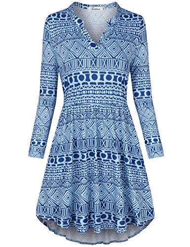 Faddare Empire Waist Dress, 2017 Boutique Clothing for Women Fashion Female New Fashion Flowy Long Sleeve Dresses Party Holiday Vocation Wear Pleated Dress, Geometric Blue 2XL