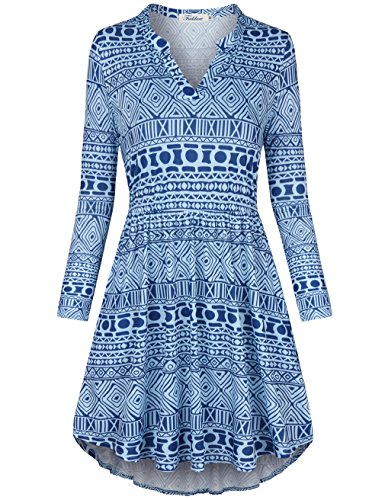 Faddare Swing Dress, Juniors Notch Neck Shirt Dresses Comfortable Long Sleeve V Neck Sexy Unique Designer Dresses Printed Dresses For Wedding Party Holiday, Geometric Blue S