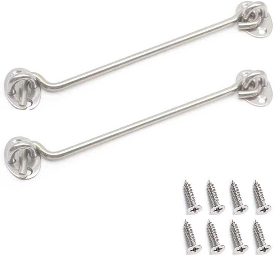 BuxiuGK 2 Pack Cabin Hook Eye Door Latch Stainless Steel 8 Inch/200mm with 8 Mounting Screws for Shed Doors Cabinet Doors