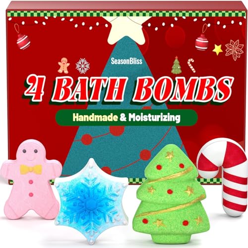 SeasonBliss Christmas Bath Bombs Set, Shower Bombs, Stocking Stuffer, 4 PCS Handmade Bubble Bath with Gingerbread & Christmas Tree & Candy Cane & Snowflake, for Present Cute Women Boys & Girls