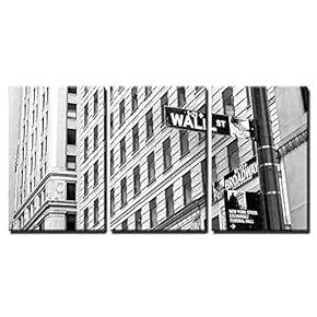 3 Piece Canvas Wall Art - Sign on Wall Street in New York City - Modern Home Art Stretched and Framed Ready to Hang - 16"x24"x3 Panels