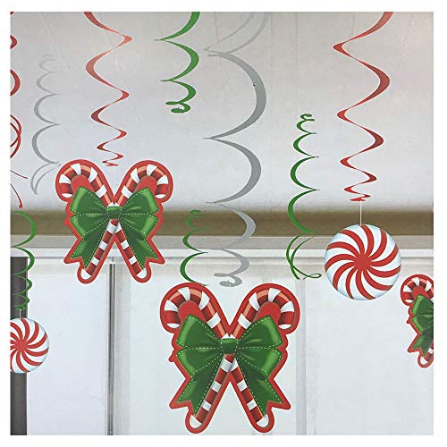 Colorful Holiday Candy Cane Peppermint Candy Hanging Decorations - Indoor or Outdoor Party Decor Supplies - Pack of 12