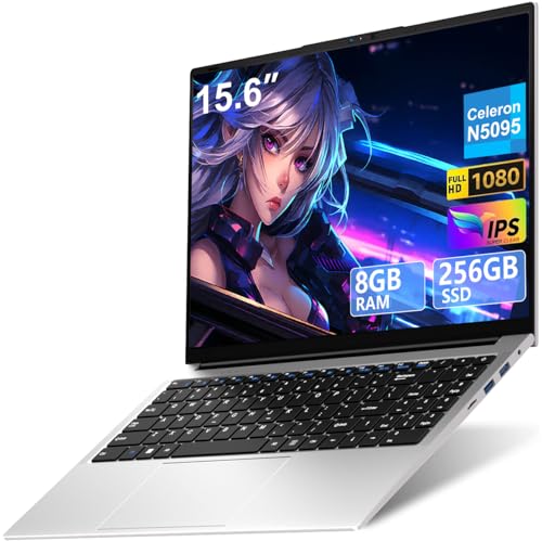 2026 Laptop 15.6 Inch Celeron N5095 Win11 Pro 8GB 256GB SSD | Expansion 1TB 5G WiFi FHD BT4.2 2.9 GHz HDMl USB 3.0 Portable with Wireless Mouse and Spanish Keyboard Membrane - Silver