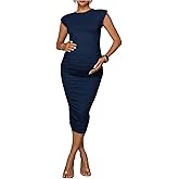 OYOANGLE Women's Maternity Crew Neck Short Sleeve Ruched Dress Pregnancy Bodycon Midi Dresses