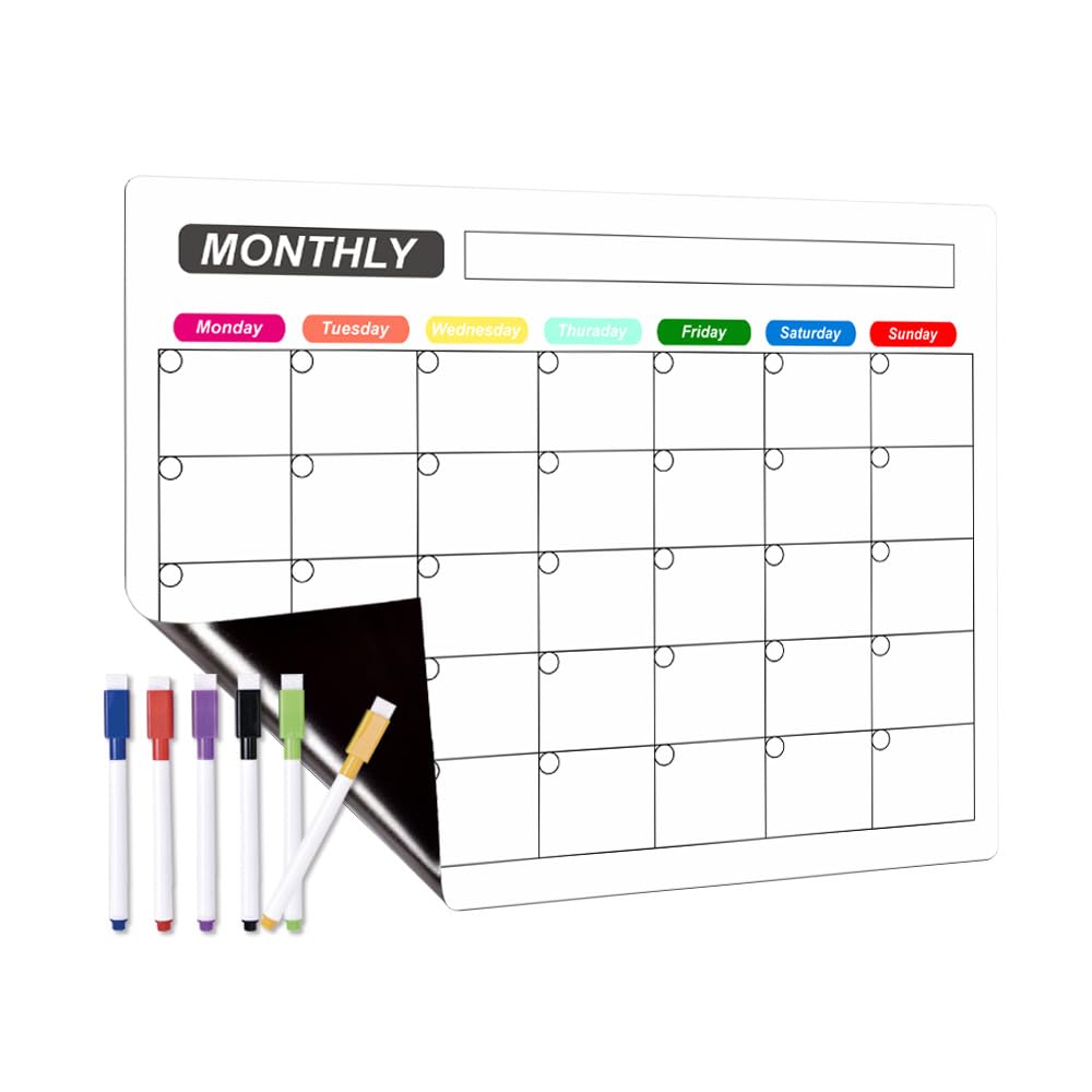 Magnetic Weekly Monthly Planner Whiteboard for Fridge, Magnetic Dry Erase Planning Board with 6 Color Markers, Suction Cup & Towel, Magnetic Fridge Schedule Board Memo Board for Home School Office (A)