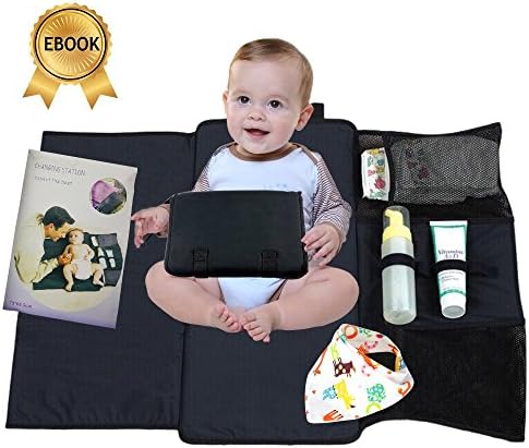 Portable Changing Pad Bundle, Waterproof Diaper Clutch, Travel Baby Changing Mat, Best On The Go Folding Changing Station, With Cream Holders, Diaper and Wipe Pockets, Bandana Bib and eBook INCLUDED!