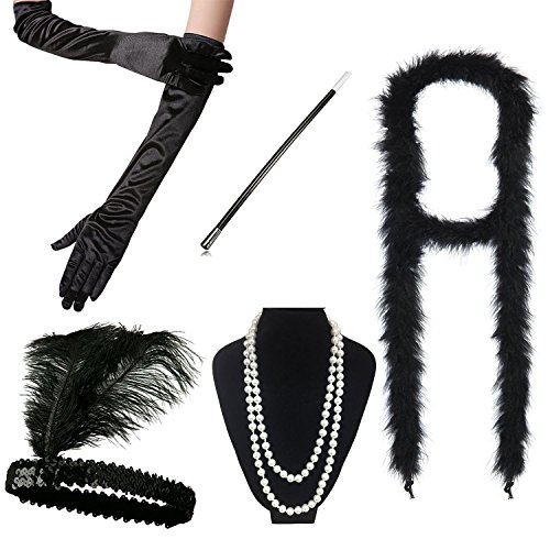 iLoveCos 1920s Accessories Roaring 20â€™s Flapper Costume for Women Headband Long Gloves Pearl Necklace Cigarette Holder (M7)