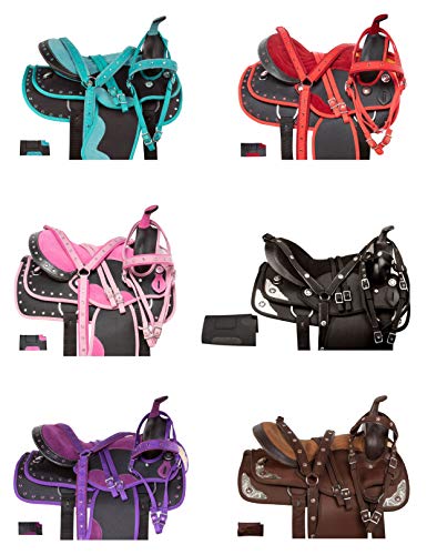 Acerugs Western Synthetic Horse Saddle TACK Set PAD Headstall REINS Breast Collar Light Weight Cordura (Red, 15)