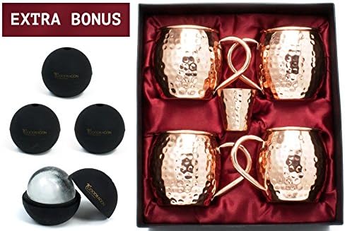 Goodragon 100% Copper Mugs Moscow Mule Set of 4 16oz, your drink’s never tasted better. Including 4 Premium Ice Ball Molds and Copper Shot Glass