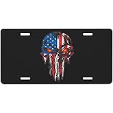 [Decorative] American Flag Skull Patriotic Car Front Plate, Novelty Vanity Tag, Metal Auto Decor Plate for Cars, Trucks, SUVs - 6x12 Inch (Not for Official Use)