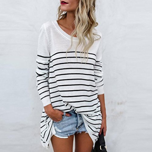 BSGSH Women's Blouses Round Neck Striped Long Sleeve T Shirt Casual Loose Tunic Tops (S, White)