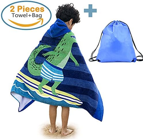 100% Cotton Kids Hooded Beach Bath Towel and Bag Set Large / Poncho Swim Beach Bath Towel Surfing Crocodile Pattern for Girls Boys 4-14 Years