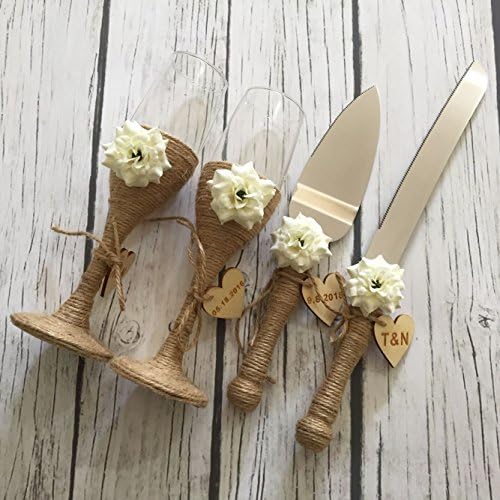 Rustic Wedding Flutes and Wedding Cake Serving Set, Wedding Champagne Toasting Flutes, Wedding Cake Knife and Serving Set, Rustic Wedding Glasses Wedding Gift