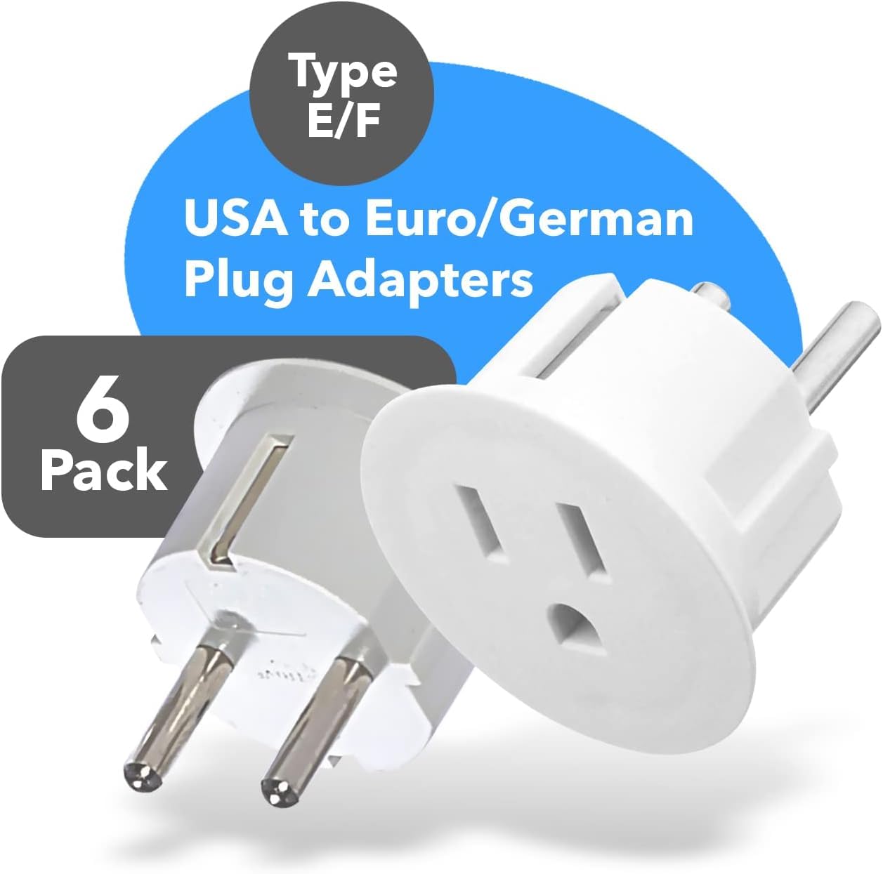OREI American USA To European Plug Adapter – Type E/F Schuko Plug Adapter - Use in Germany, France, & More - CE Certified – For Mobile, Laptop & Camera Chargers - 6 Pack
