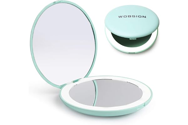 wobsion LED Lighted Travel Makeup Mirror, 1x/10x Magnification Compact Mirror, Portable for Handbag, Purse, Pocket, 8.9cm Ill