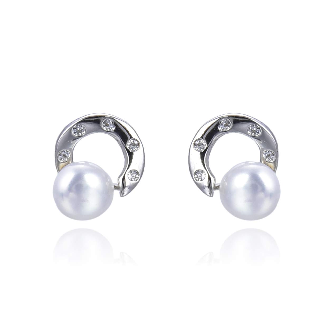 Jo & Co 8 mm Freshwater Pearl, Sterling Silver and Cubic Zirconia Earrings, Horseshoe Design, 925 Sterling Silver,Stud Earrings, Attractively Packaged SKU JC50 006
