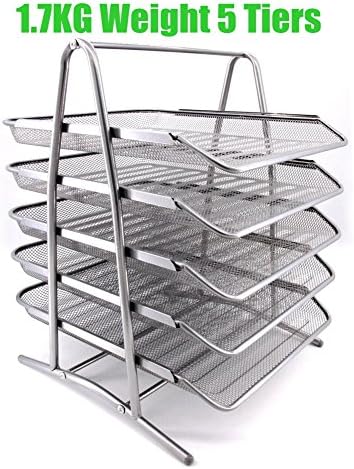 HAODE FASHION 5 Tiers Steel Mesh Document Tray, File Basket, Office Desk Organizer, Letter Tray Organizer, Desktop Document Paper File Organizer, Silver Color