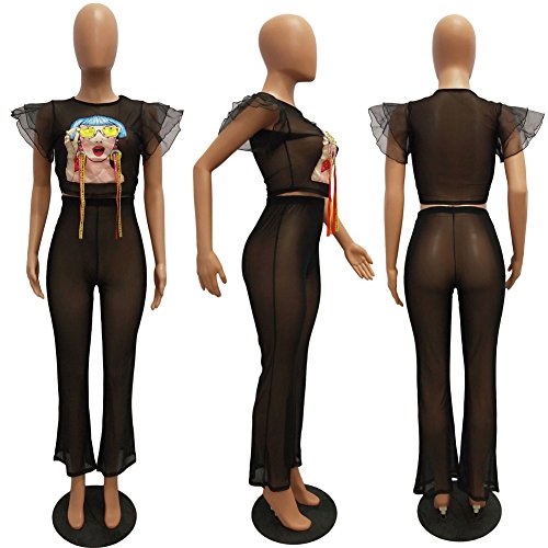 Womens Mesh See Through Bodycon 2 Piece Outfits Crop Top and Pants Set Jumpsuit Long Rompers Black S