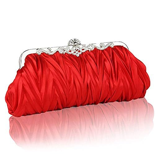 Dwayne C Womens Satin Cocktail Party Handbag Evening Clutch Purse Wedding Shoulder Bag with Detachable Chain Strap Red