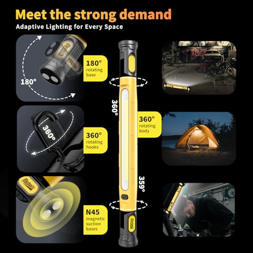 MechaniLite Work Light,3000LM LED Magnetic Light bar 5200mAh Under Hood Light with Hooks, Portable Magnetic Rechargeable Cordless Work Light for Mechanic/Car Repairing/Garage-Yellow