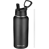 Insulated Water Bottle With Straw,32 oz Vacuum Insulated Stainless Steel Sports Water Flask,Keeps Cold and Hot,Metal Water Bottle Wide Mouth for Gym Travel Camping (Black)