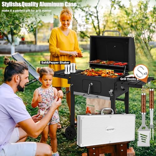 RINPIR 35pcs Deluxe Grilling Gifts Set for Birthday Fathers Day, Stainless Steel BBQ Accessories Kit for Men Dad, Professional Grill Tools Utensils with Scissors, Meat Claws in Aluminum Case Brown