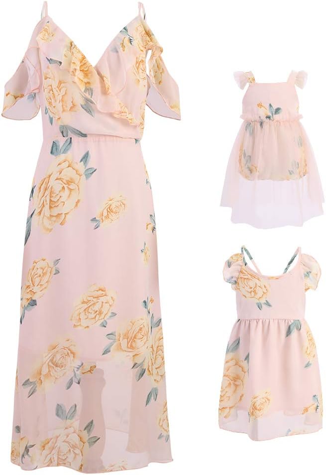 Mumetaz Mommy and Me Floral Print Cold Shoulder V-Neck Ruffle Backless Family Matching Clothes