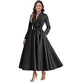 Skbue Satin Mother of Bride Dresses Long Sleeve A Line Tea Length Wedding Guest Dress with Pocket