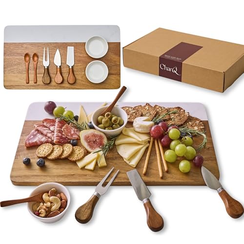 Charcuterie Board Set with Accessories- Marble & Acacia Wood Board